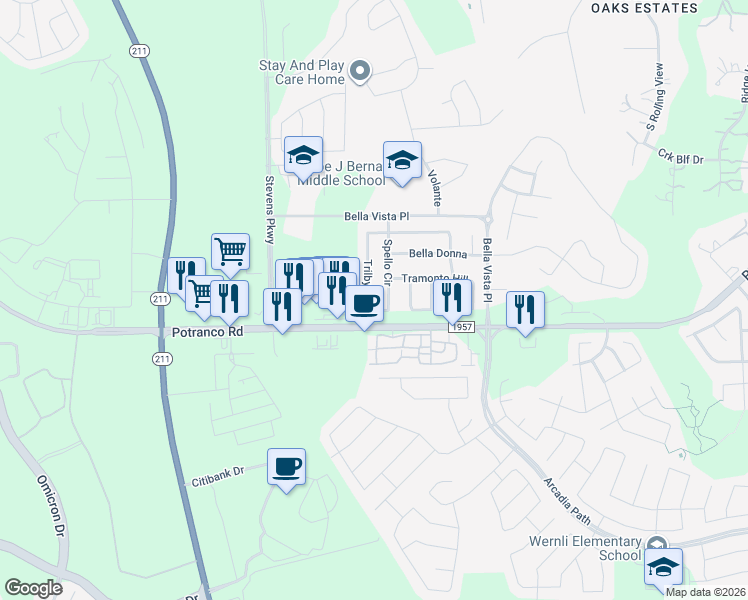 map of restaurants, bars, coffee shops, grocery stores, and more near 934 Trilby in San Antonio