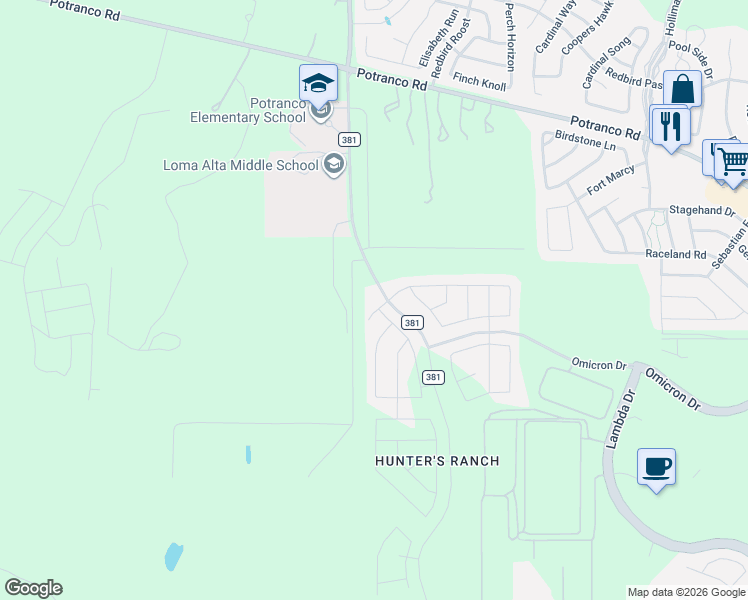 map of restaurants, bars, coffee shops, grocery stores, and more near 147 Hunters Ranch E in San Antonio