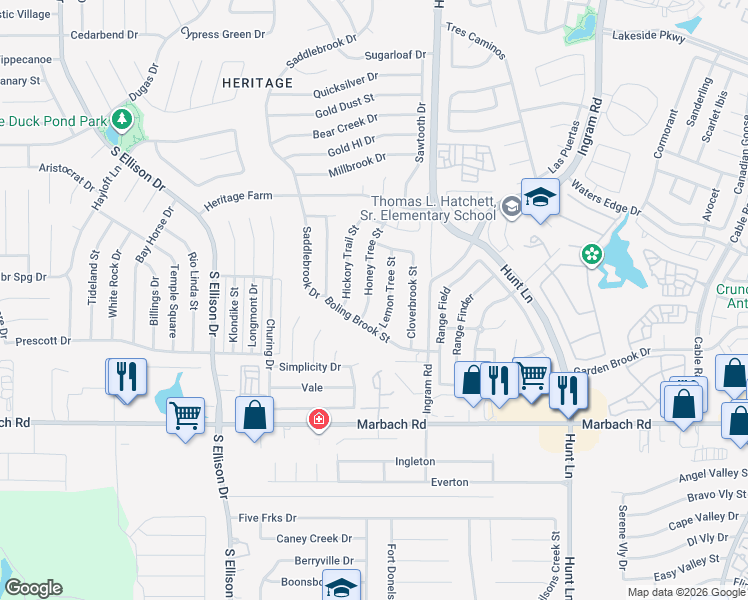 map of restaurants, bars, coffee shops, grocery stores, and more near 1066 Honey Tree Street in San Antonio