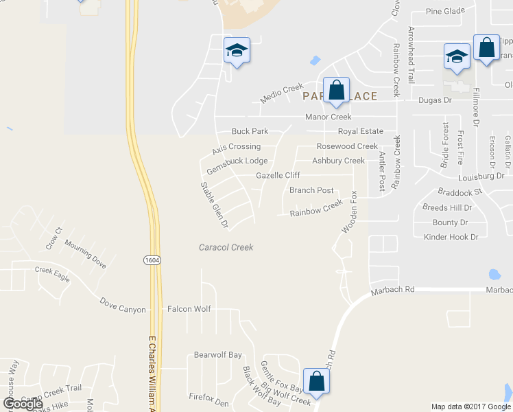 map of restaurants, bars, coffee shops, grocery stores, and more near 10706 Gazelle Cliff in San Antonio