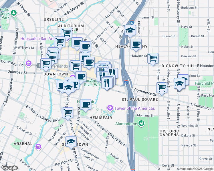 map of restaurants, bars, coffee shops, grocery stores, and more near 41 Bowie Street in San Antonio