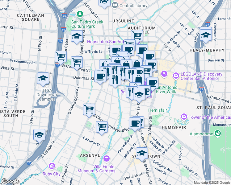 map of restaurants, bars, coffee shops, grocery stores, and more near 138 Dwyer Ave in San Antonio