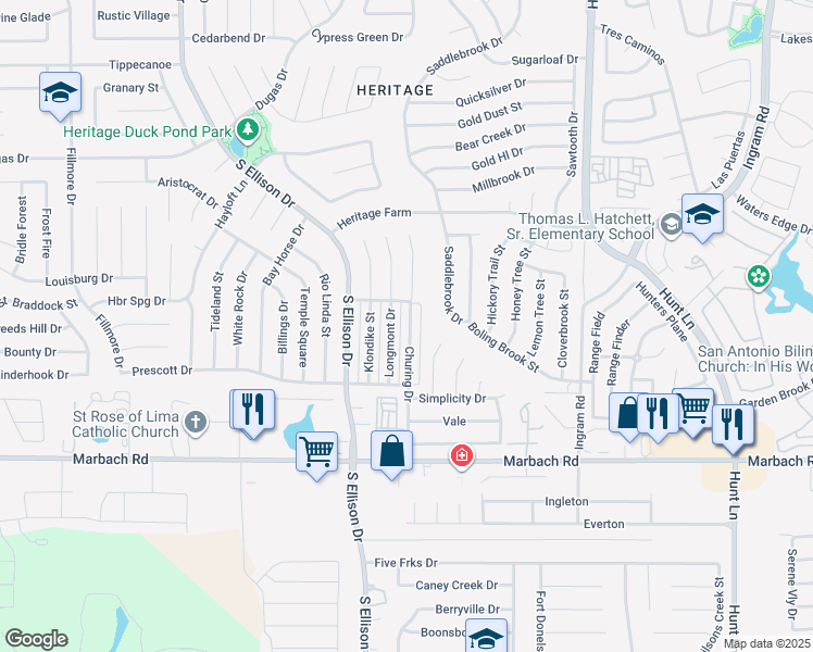 map of restaurants, bars, coffee shops, grocery stores, and more near 1221 Churing Drive in San Antonio