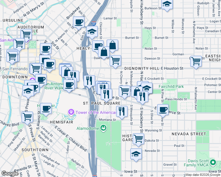 map of restaurants, bars, coffee shops, grocery stores, and more near 243 Center Street in San Antonio