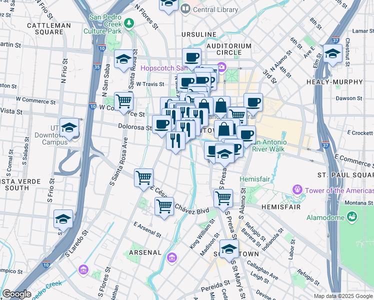 map of restaurants, bars, coffee shops, grocery stores, and more near 138 Dwyer Avenue in San Antonio