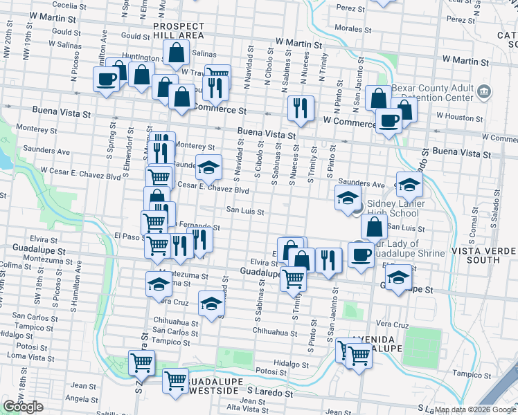map of restaurants, bars, coffee shops, grocery stores, and more near 2015 San Luis Street in San Antonio