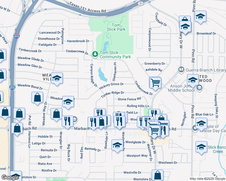 map of restaurants, bars, coffee shops, grocery stores, and more near 7183 Timber Ridge Drive in San Antonio