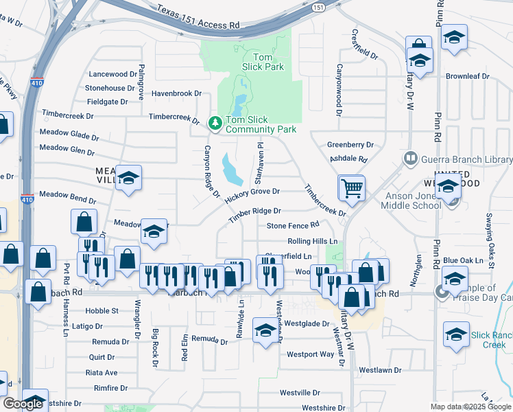 map of restaurants, bars, coffee shops, grocery stores, and more near 7183 Timber Ridge Drive in San Antonio