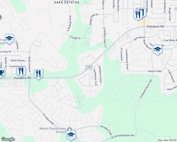 map of restaurants, bars, coffee shops, grocery stores, and more near 931 Potranco Road in San Antonio