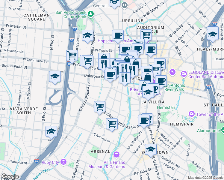 map of restaurants, bars, coffee shops, grocery stores, and more near 204 South Flores Street in San Antonio