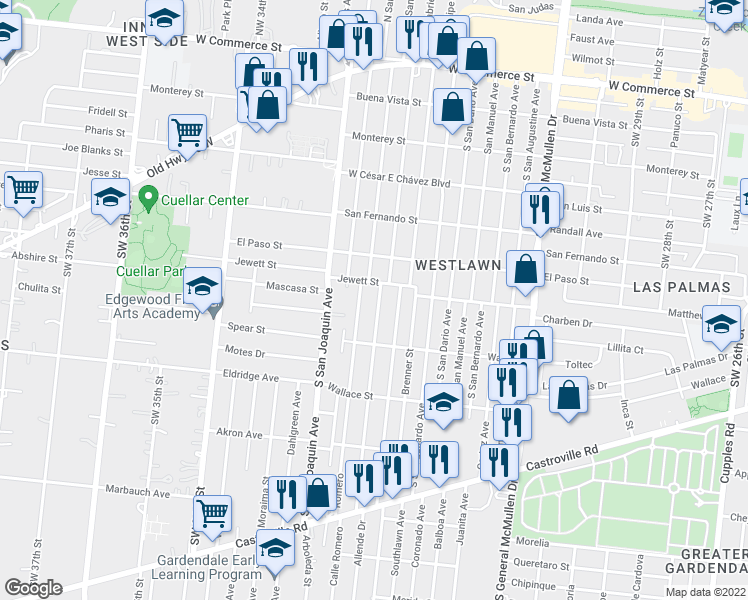 map of restaurants, bars, coffee shops, grocery stores, and more near 819 Allende Drive in San Antonio