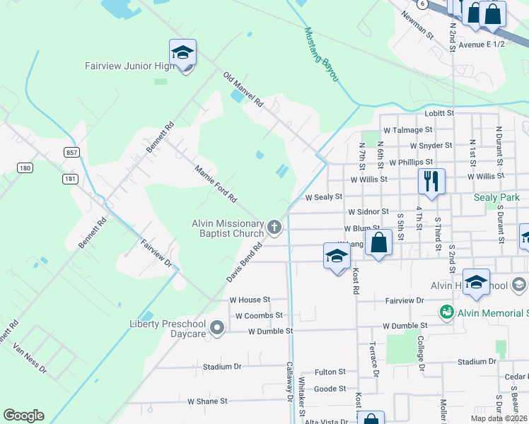 map of restaurants, bars, coffee shops, grocery stores, and more near 1926 West Sealy Street in Alvin