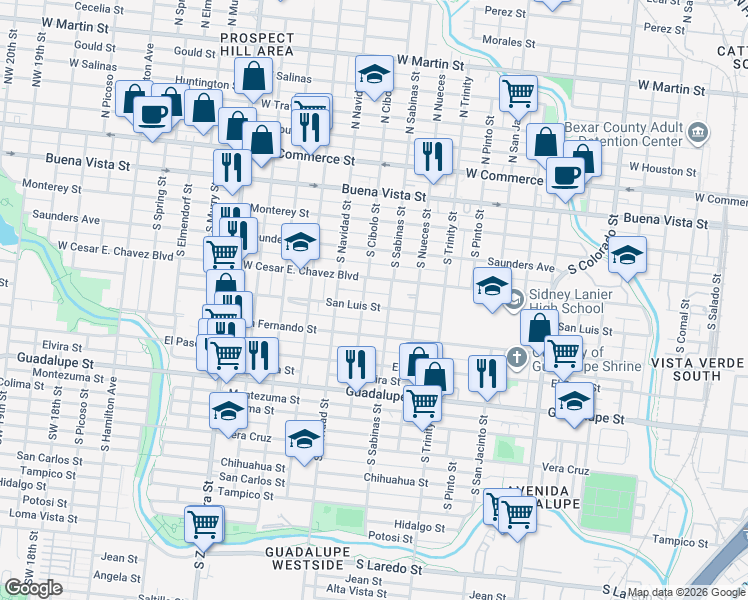 map of restaurants, bars, coffee shops, grocery stores, and more near 2015 San Luis Street in San Antonio