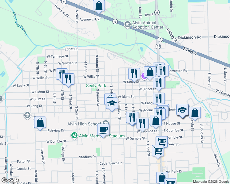 map of restaurants, bars, coffee shops, grocery stores, and more near 9025 Hurst Street in Alvin