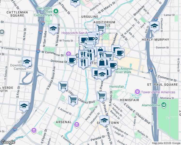 map of restaurants, bars, coffee shops, grocery stores, and more near 208 Villita Street in San Antonio