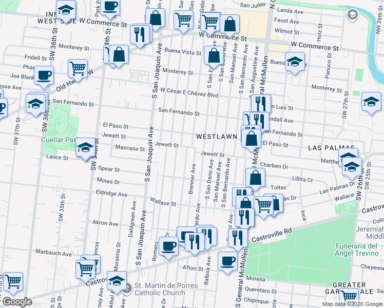 map of restaurants, bars, coffee shops, grocery stores, and more near 113 Brenner Street in San Antonio