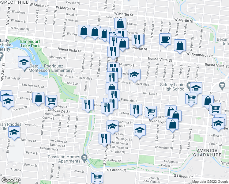 map of restaurants, bars, coffee shops, grocery stores, and more near 604 South Zarzamora Street in San Antonio