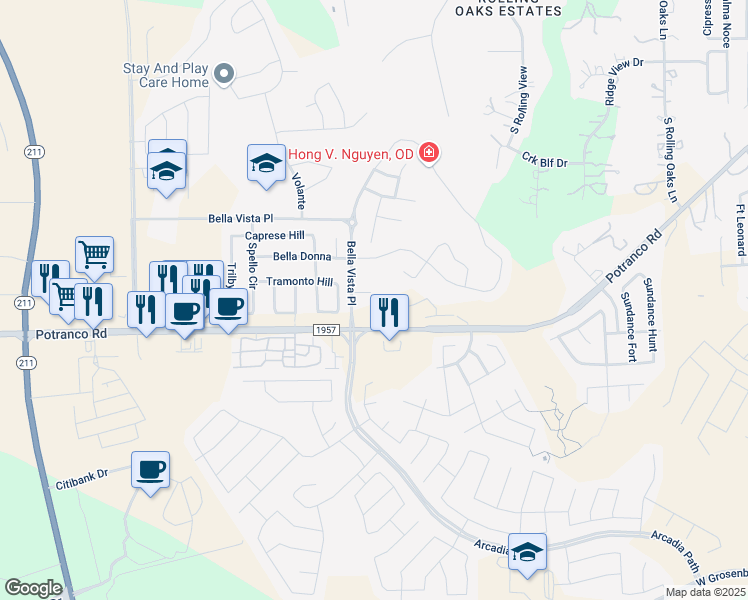 map of restaurants, bars, coffee shops, grocery stores, and more near 13706 Iniga in San Antonio