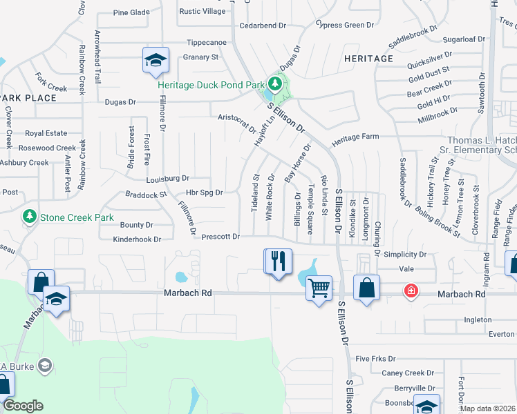map of restaurants, bars, coffee shops, grocery stores, and more near 1314 Tideland St in San Antonio