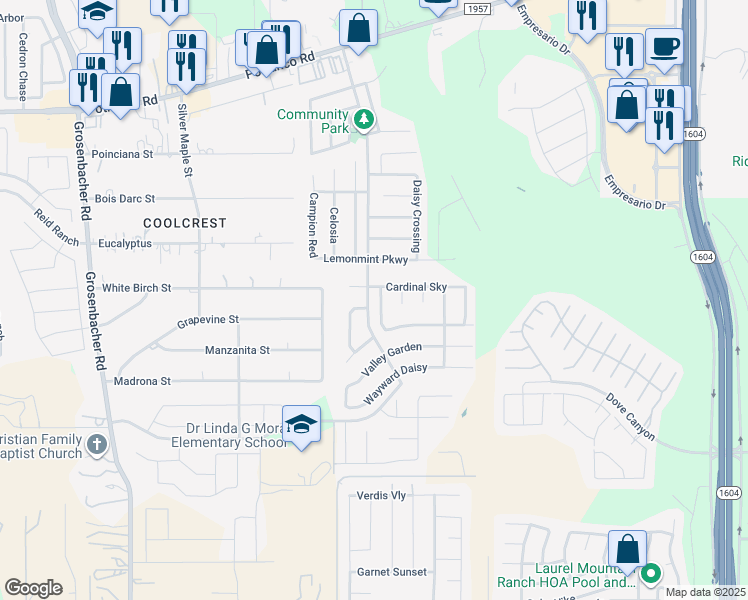 map of restaurants, bars, coffee shops, grocery stores, and more near 1007 Daffodil Way in San Antonio