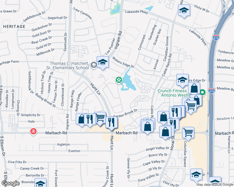 map of restaurants, bars, coffee shops, grocery stores, and more near 1231 Plaza Lake Drive in San Antonio