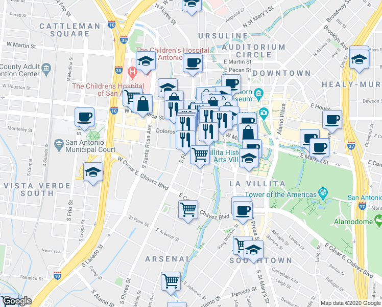map of restaurants, bars, coffee shops, grocery stores, and more near 112 E Nueva St in San Antonio