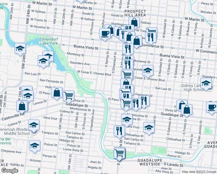 map of restaurants, bars, coffee shops, grocery stores, and more near 544 South Spring Street in San Antonio
