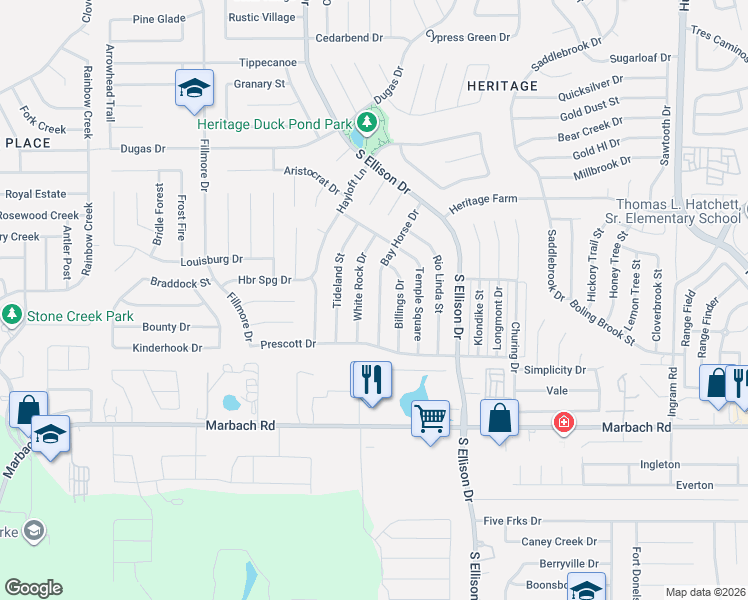 map of restaurants, bars, coffee shops, grocery stores, and more near 1227 Bay Horse Drive in San Antonio