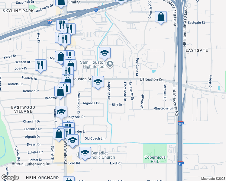 map of restaurants, bars, coffee shops, grocery stores, and more near 4824 John Victor Drive in San Antonio