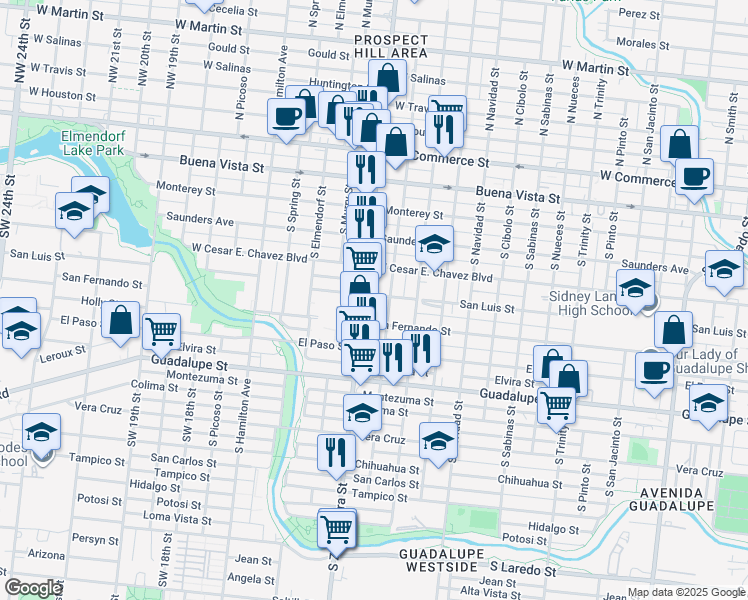 map of restaurants, bars, coffee shops, grocery stores, and more near 604 South Zarzamora Street in San Antonio