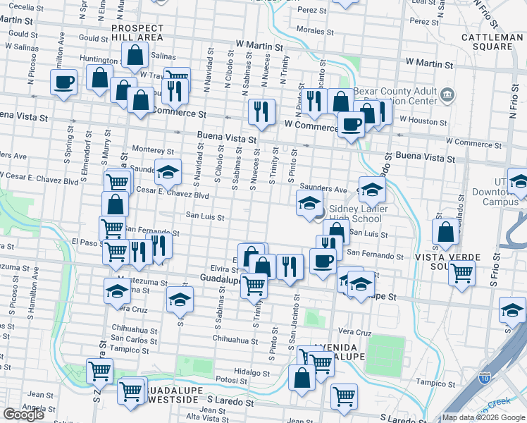 map of restaurants, bars, coffee shops, grocery stores, and more near 513 South Trinity Street in San Antonio