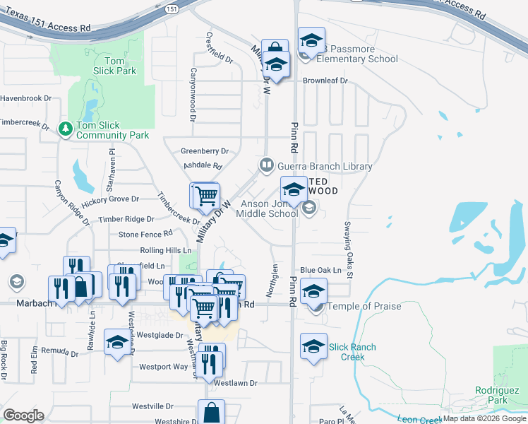 map of restaurants, bars, coffee shops, grocery stores, and more near 6820 Woodflame Court in San Antonio