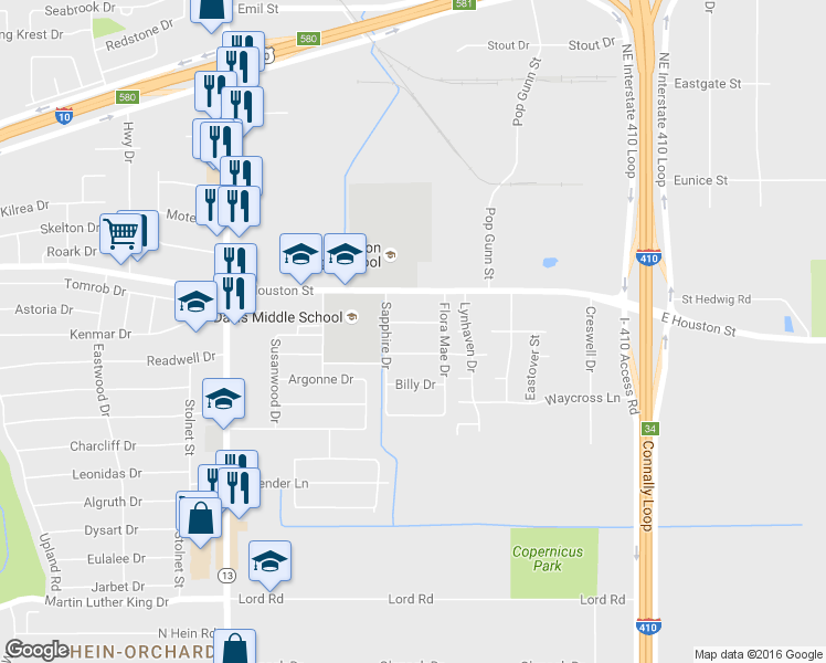 map of restaurants, bars, coffee shops, grocery stores, and more near 4824 John Victor Drive in San Antonio