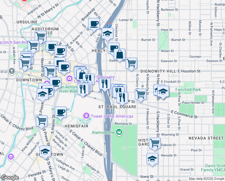 map of restaurants, bars, coffee shops, grocery stores, and more near 215 Center Street in San Antonio