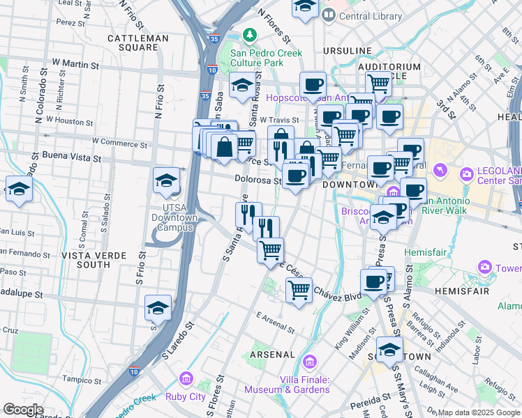 map of restaurants, bars, coffee shops, grocery stores, and more near 262 West Nueva Street in San Antonio