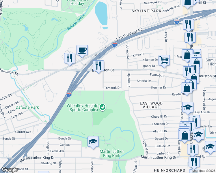 map of restaurants, bars, coffee shops, grocery stores, and more near 4111 Tamarak Drive in San Antonio