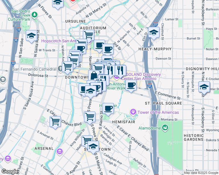 map of restaurants, bars, coffee shops, grocery stores, and more near in San Antonio