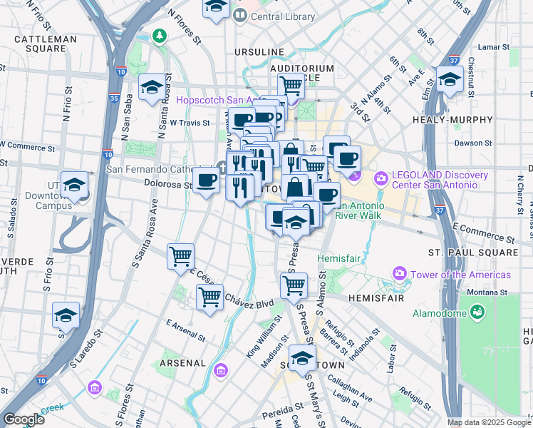 map of restaurants, bars, coffee shops, grocery stores, and more near 208 Villita Street in San Antonio