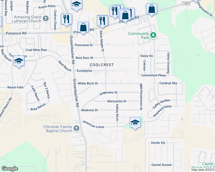 map of restaurants, bars, coffee shops, grocery stores, and more near 12034 White Birch Street in San Antonio