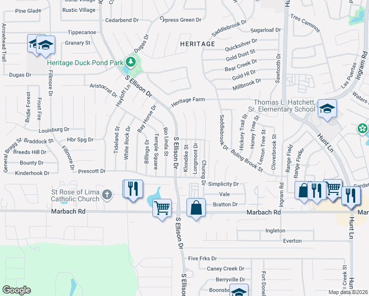 map of restaurants, bars, coffee shops, grocery stores, and more near 1215 Klondike Street in San Antonio