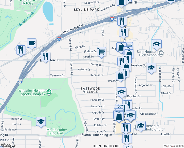 map of restaurants, bars, coffee shops, grocery stores, and more near 326 Kenmar Drive in San Antonio