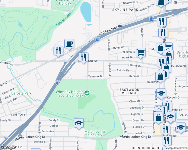 map of restaurants, bars, coffee shops, grocery stores, and more near 4111 Tamarak Drive in San Antonio