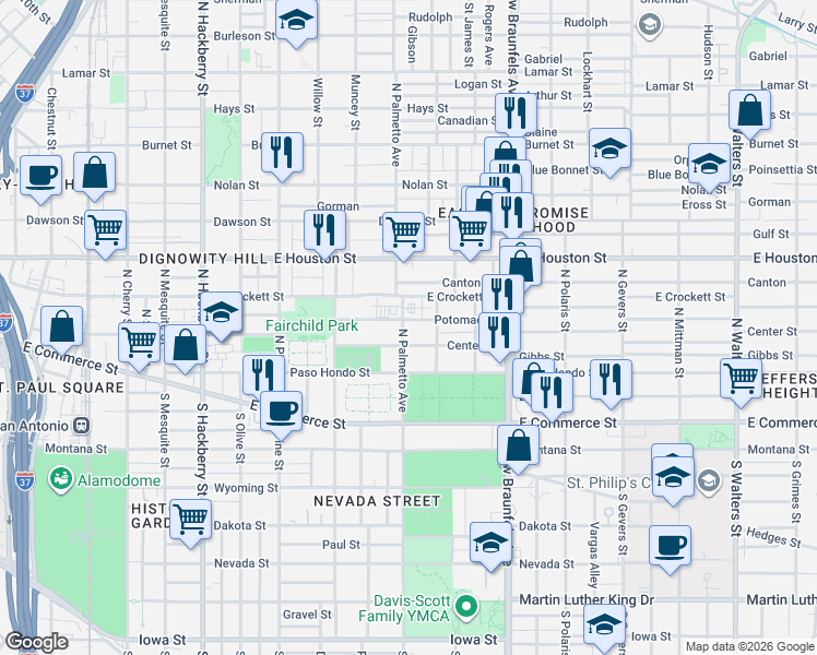 map of restaurants, bars, coffee shops, grocery stores, and more near 1015 Center Street in San Antonio