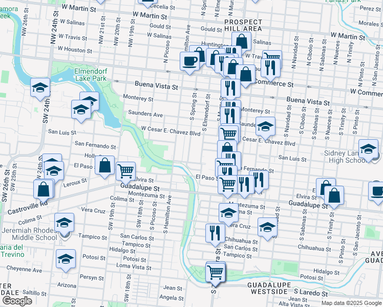 map of restaurants, bars, coffee shops, grocery stores, and more near 544 South Spring Street in San Antonio