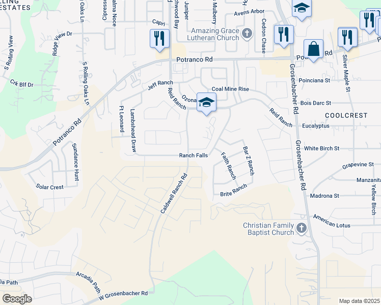 map of restaurants, bars, coffee shops, grocery stores, and more near 1191 Ranch Falls in San Antonio