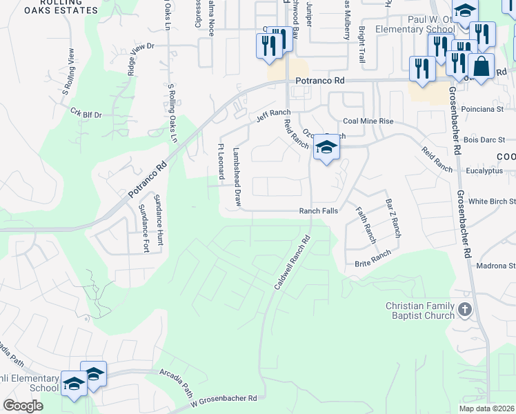map of restaurants, bars, coffee shops, grocery stores, and more near 1191 Ranch Falls in San Antonio