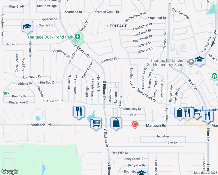 map of restaurants, bars, coffee shops, grocery stores, and more near 1220 Klondike Street in San Antonio