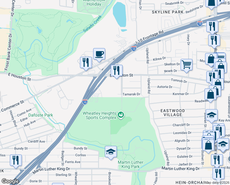map of restaurants, bars, coffee shops, grocery stores, and more near 4011 Tamarak Drive in San Antonio