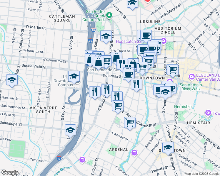 map of restaurants, bars, coffee shops, grocery stores, and more near 262 West Nueva Street in San Antonio