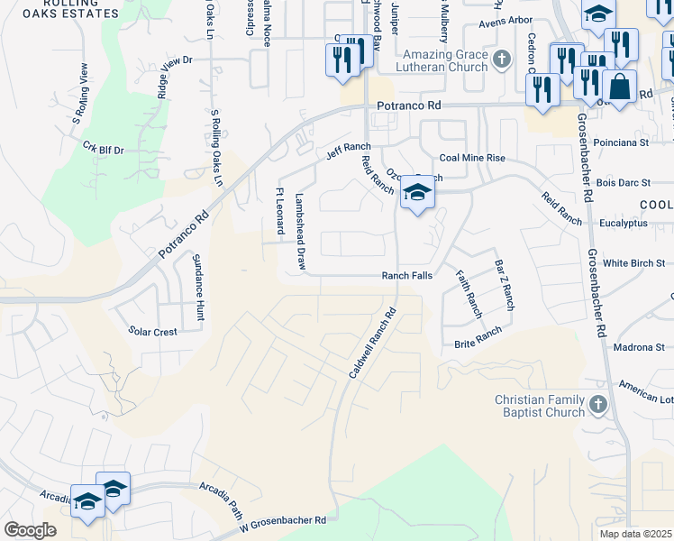 map of restaurants, bars, coffee shops, grocery stores, and more near 1191 Ranch Falls in San Antonio